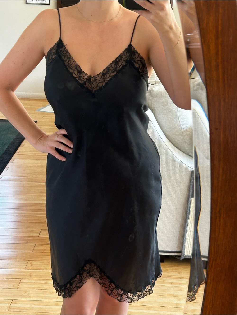 Victoria's Secret Vintage Gold Label Black Lace-Trim Satin Slip